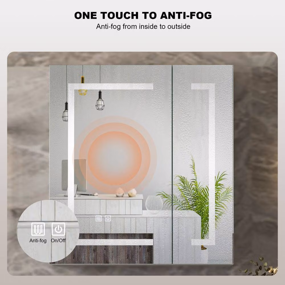 KEEPREAPER White Modern Bathroom Mirror Cabinet with LED Lighting and Anti-Fog Defogger, W: 60 cm, H: 65 cm – 3