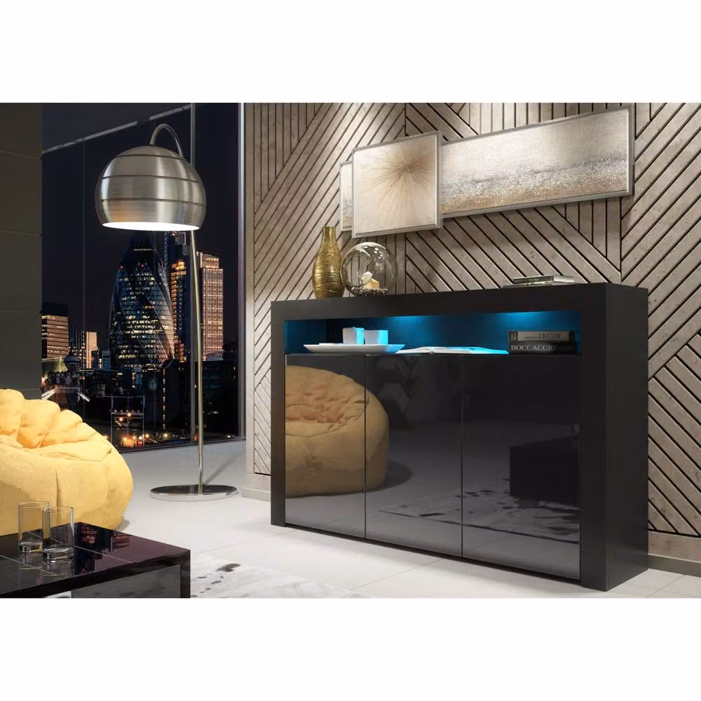 Mex Furniture LTD Aether Modern Sideboard in Black with Glossy Doors and Integrated LED Lighting, W: 155 cm, H: 92 cm, D: 40 cm – 2