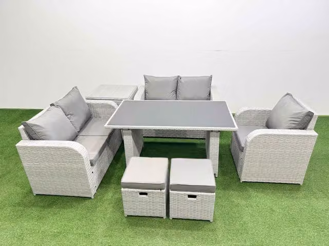 Fimous 7 Seater Outdoor Furniture Set with Love Sofa, Side Table and 2 Stools in Light Grey