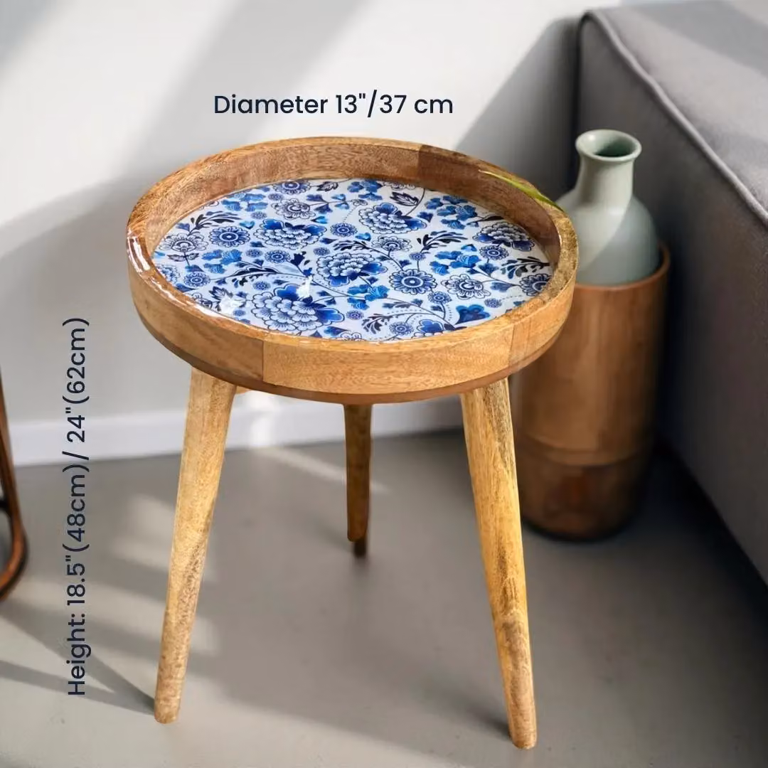 Hartsmede Mango Wood Round Side Table with Floral Enamel Resin Top in Beige, W/D/H: 36 x 36 x 47 cm – 4