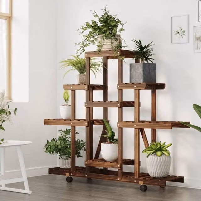 Berkfield Home Elegant Flower Stand with Wheels in Brown Solid Wood, W/D/H: 110 x 25 x 101 cm