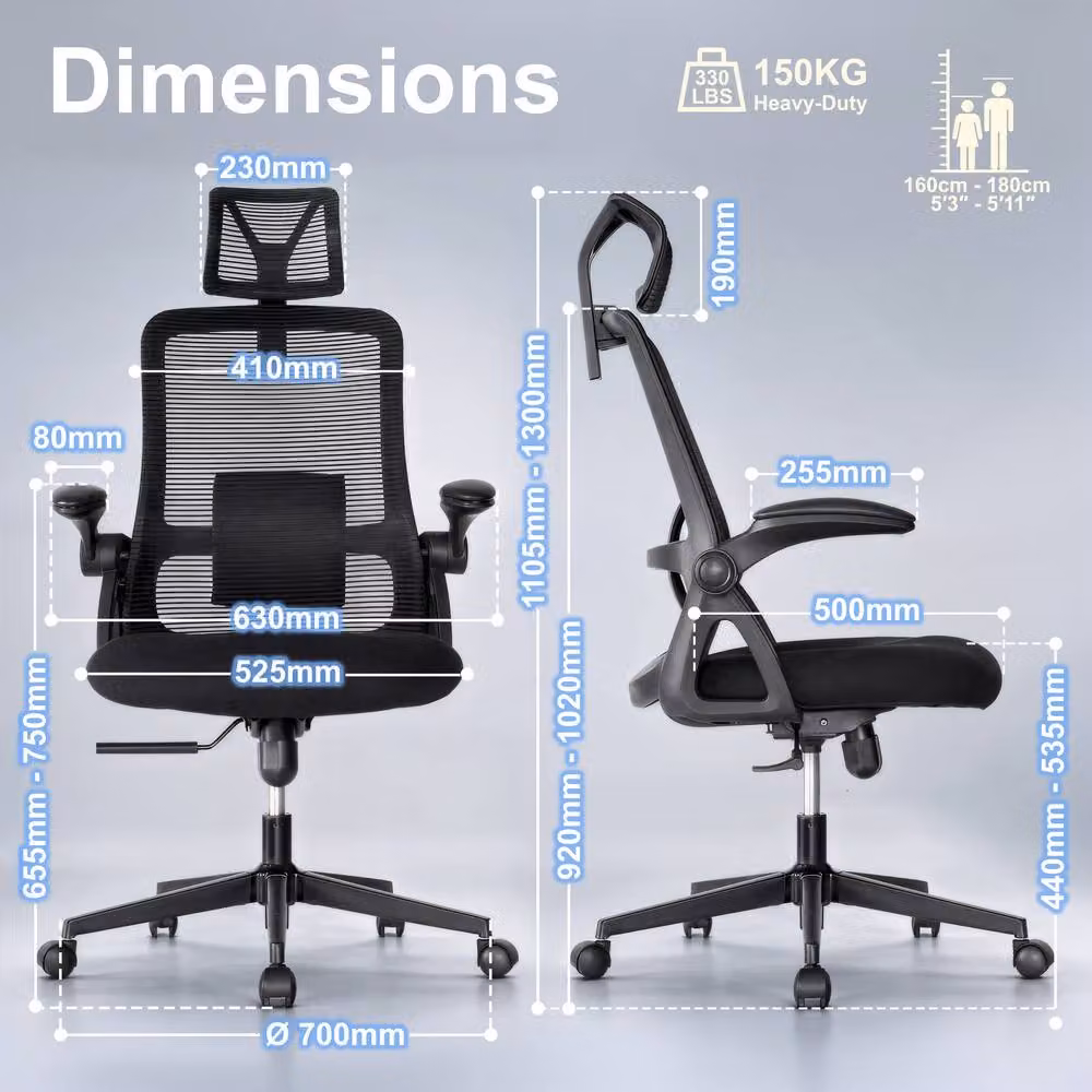 Realm of Thrones Black Mesh Office and Gaming Chair with Flip-Up Armrests and Adjustable Lumbar Support – 3