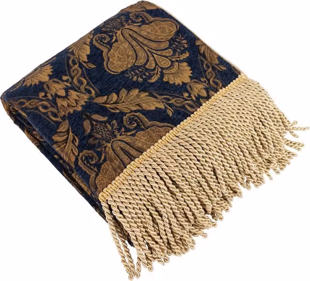 Shiraz Traditional Jacquard Chenille Throw with Fringes in Navy and Gold