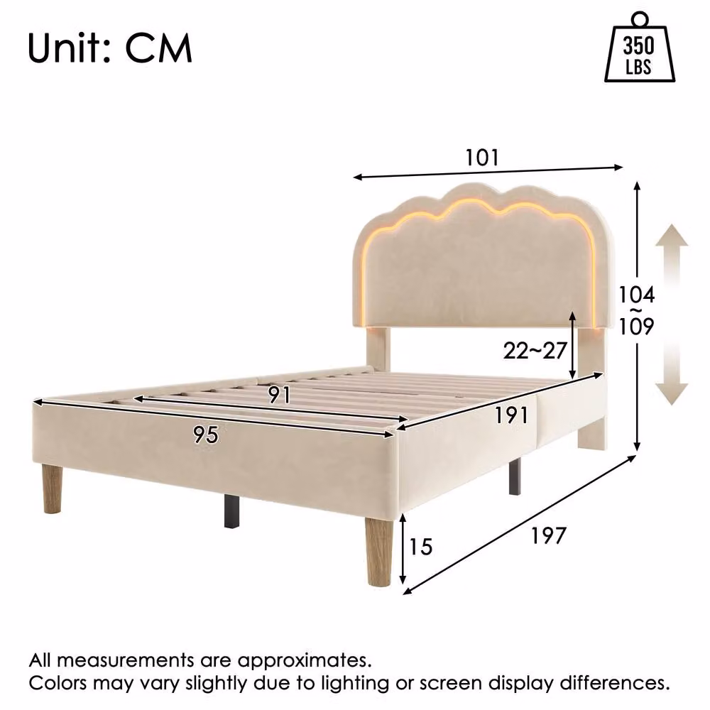 ModernLuxe Upholstered Childrens Bed in Beige with Adjustable Headboard and Under-Bed LED Lighting, W/D/H: 90 x 200 x 109 cm – 2