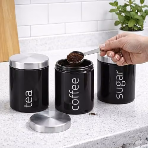 Almineez 4pc Metallic Kitchen Storage Set with Airtight Tea, Coffee, Sugar Canisters and Roll Top Bread Bin in Black – 5