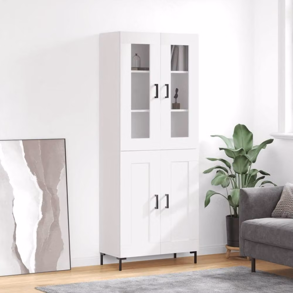 Berkfield Home White Modern Highboard with Hinged Glass Doors, W/D/H: 69.5 x 34 x 180 cm