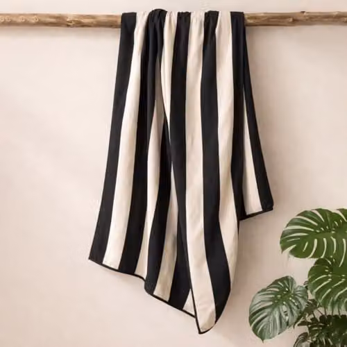 Misona Large Organic Cotton Beach Towel in Black and Natural Stripe, W/D/H: 90 x 180 cm, GOTS-Certified Dual-Sided Terry and Velour – 2