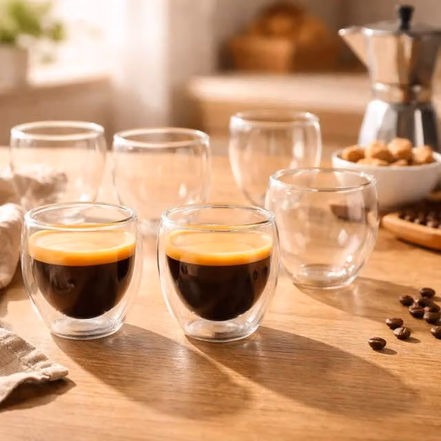 Volila Pack of 6 Double Wall Insulated Espresso Glass Tumblers, 80ml, Clear – 1
