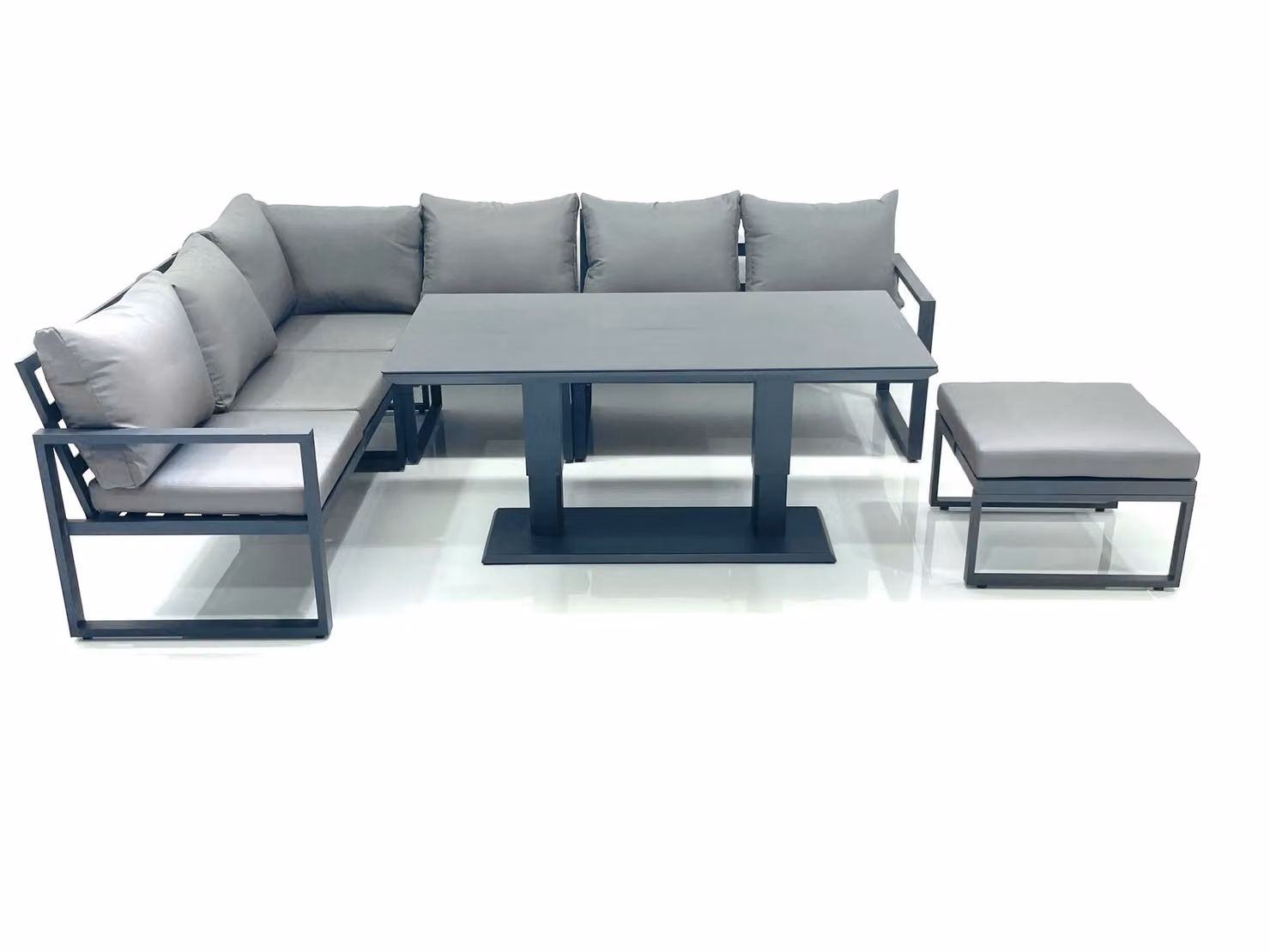 Fimous Aluminium Outdoor Garden Furniture Set with Corner Sofa, Large Footstool and Height-Adjustable Dining Table in Dark Grey – 2