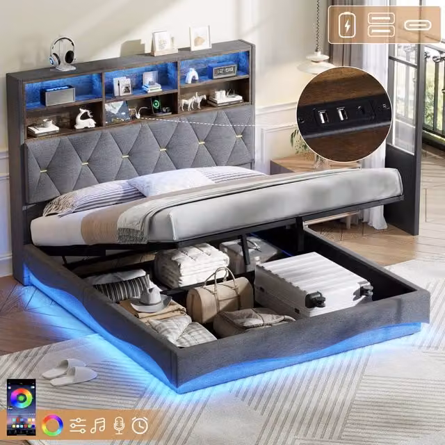 ModernLuxe Upholstered King Ottoman Bed in Grey with LED Headboard and USB Charging Port, W/D/H: 154 x 200 x 30 cm