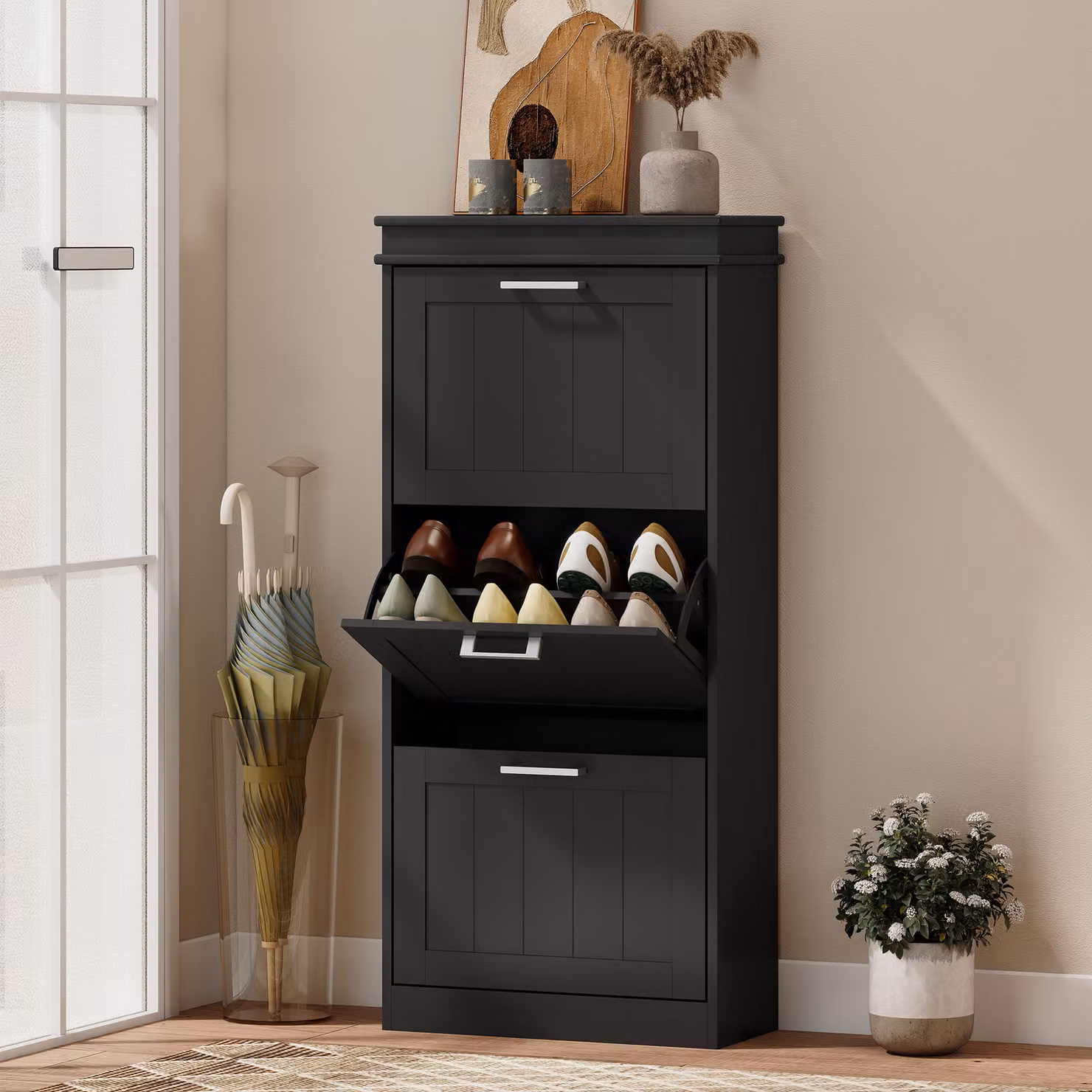 HOMCOM Minimalist Black Wall-Mounted Shoe Cabinet with Tilting Compartments and Internal Shelves, W/D/H: 117.5 x 17.9 x 54.0 cm – 2