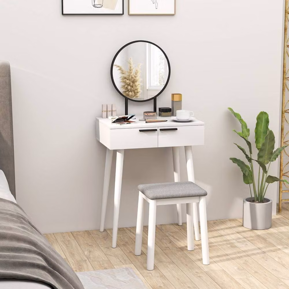 Wyld Haus Comika White Dressing Table and Stool Set with Round Mirror and 2 Drawers – 3