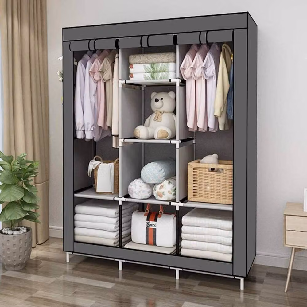PAWNORA Canvas Clothes Storage Wardrobe with Hanging Rail and Shelving, Black – 6
