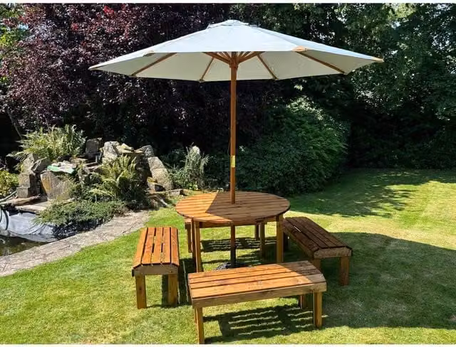Charles Taylor Eight Seater Garden Furniture Round Table Set in Brown, W/D/H: 230 x 230 x 80 cm – 1