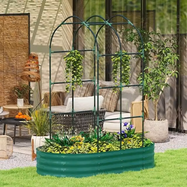 OUTSUNNY Galvanised Steel Raised Garden Bed with Trellis, Green, W: 152.4 cm, D: 90.0 cm, H: 182.88 cm