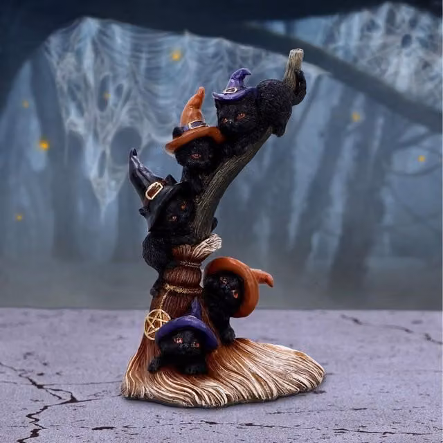 Nemesis Now Broomstick Kindle Witchy Black Cats Ornament, Black, Height: 21 cm