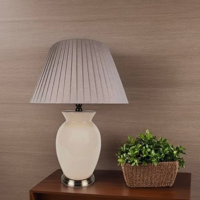 Pagazzi Christina Table Lamp in Beige and Gold/Brass with Ceramic Base and Fabric Shade, Height: 56 cm