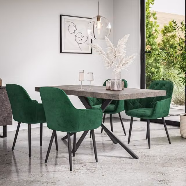 More4Homes Donni Dining Table and Anika Velvet Dining Chair Set, Concrete Effect Table Top with Black Legs and 6 Green Chairs