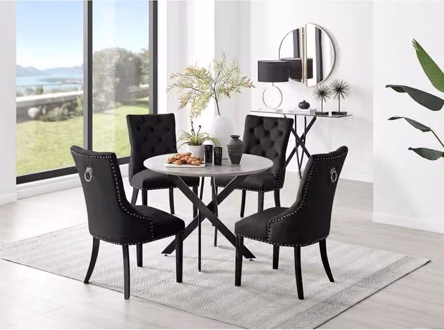 FurnitureboxUK Novara Grey Concrete Effect Round Dining Table and 4 Belgravia Black Leg Chairs Set