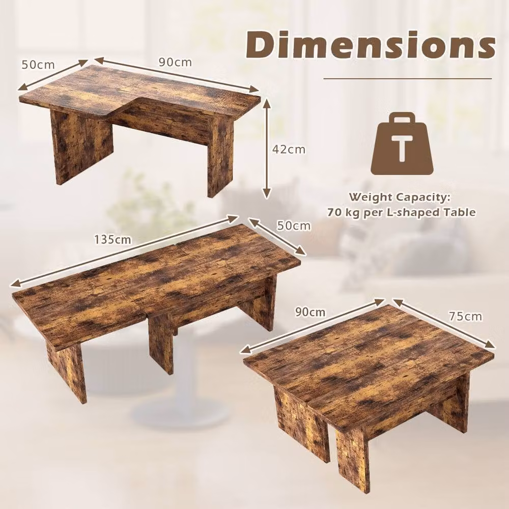 Costway Set of 2 Modular Industrial Coffee and Side Tables in Walnut Brown Wood – 2