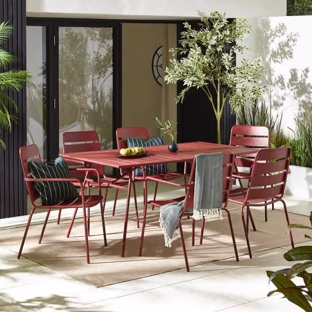 FurnitureboxUK Leros Metal 6 Seat Garden Dining Set in Burgundy Red