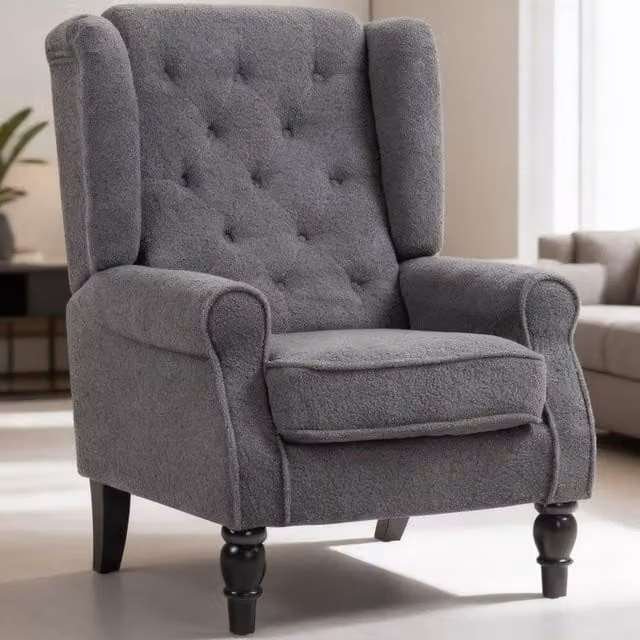 ERGOVEXA Retro Teddy Fleece Wingback Chair in Grey with Solid Wood Frame, H: 86.0 cm, W: 74.0 cm, D: 102.0 cm