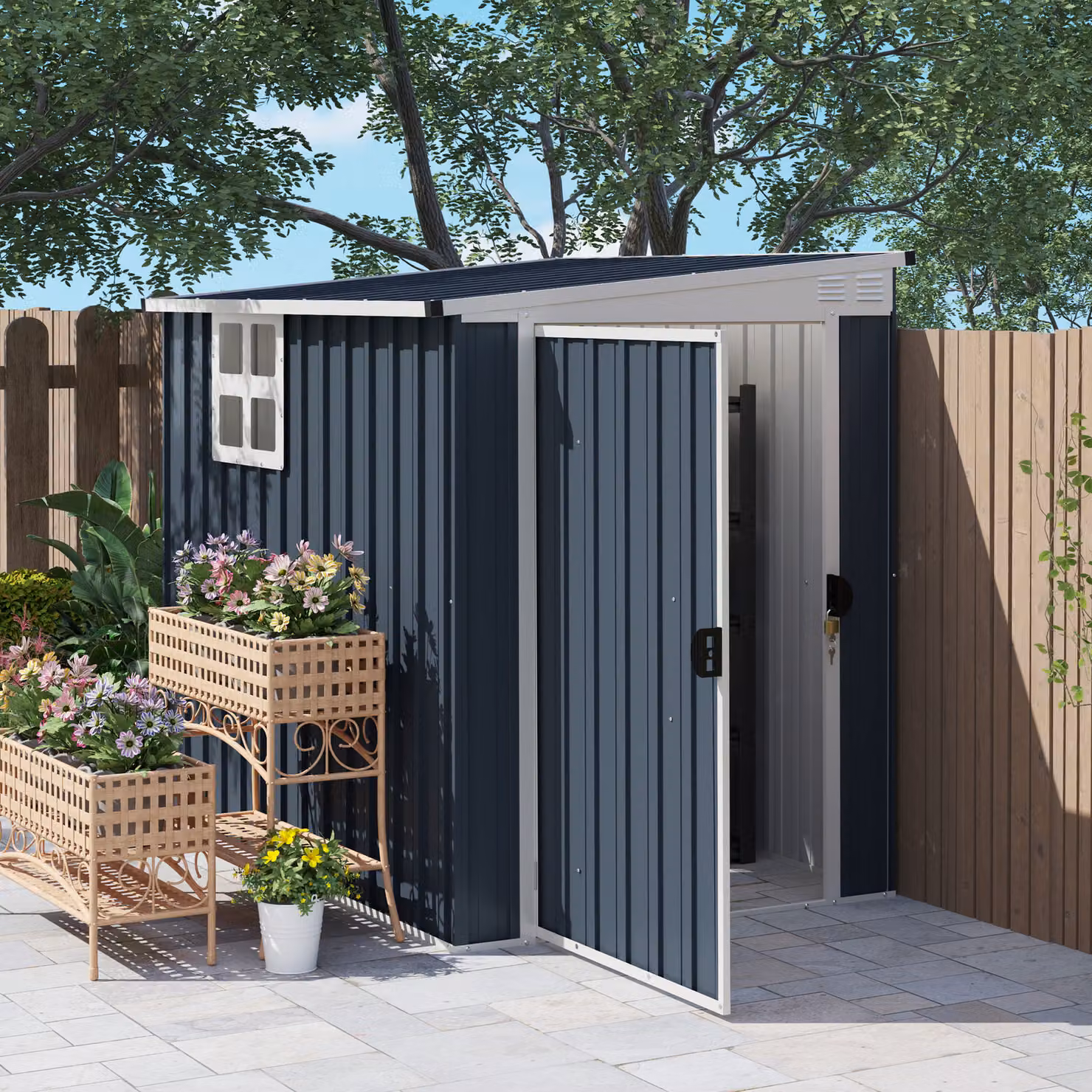 Outsunny Dark Grey Metal Garden Storage Shed with Window, Vents and Lockable Door, W/D/H: 121.92 x 181.0 x 182.88 cm – 2