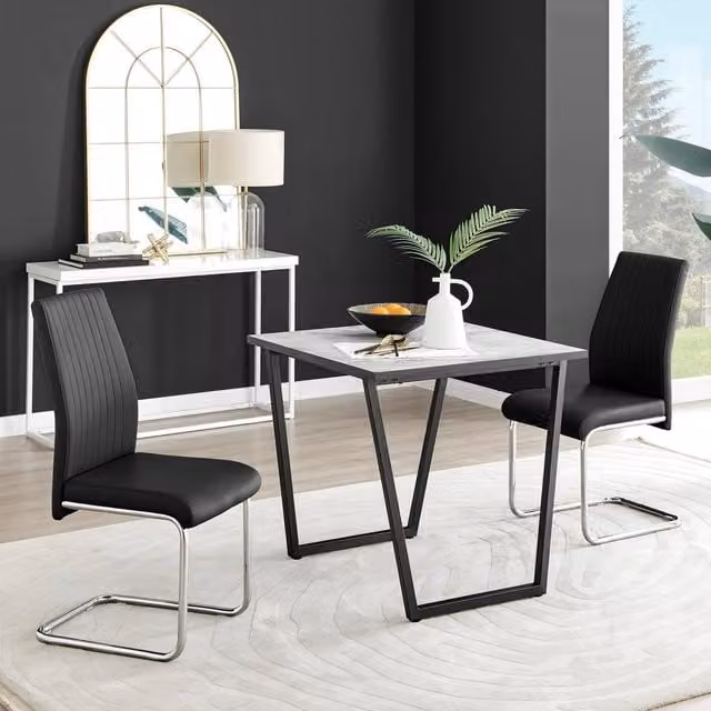 FurnitureboxUK Carson White Marble Effect Square Dining Table and 2 Black Lorenzo Faux Leather Chairs – 1