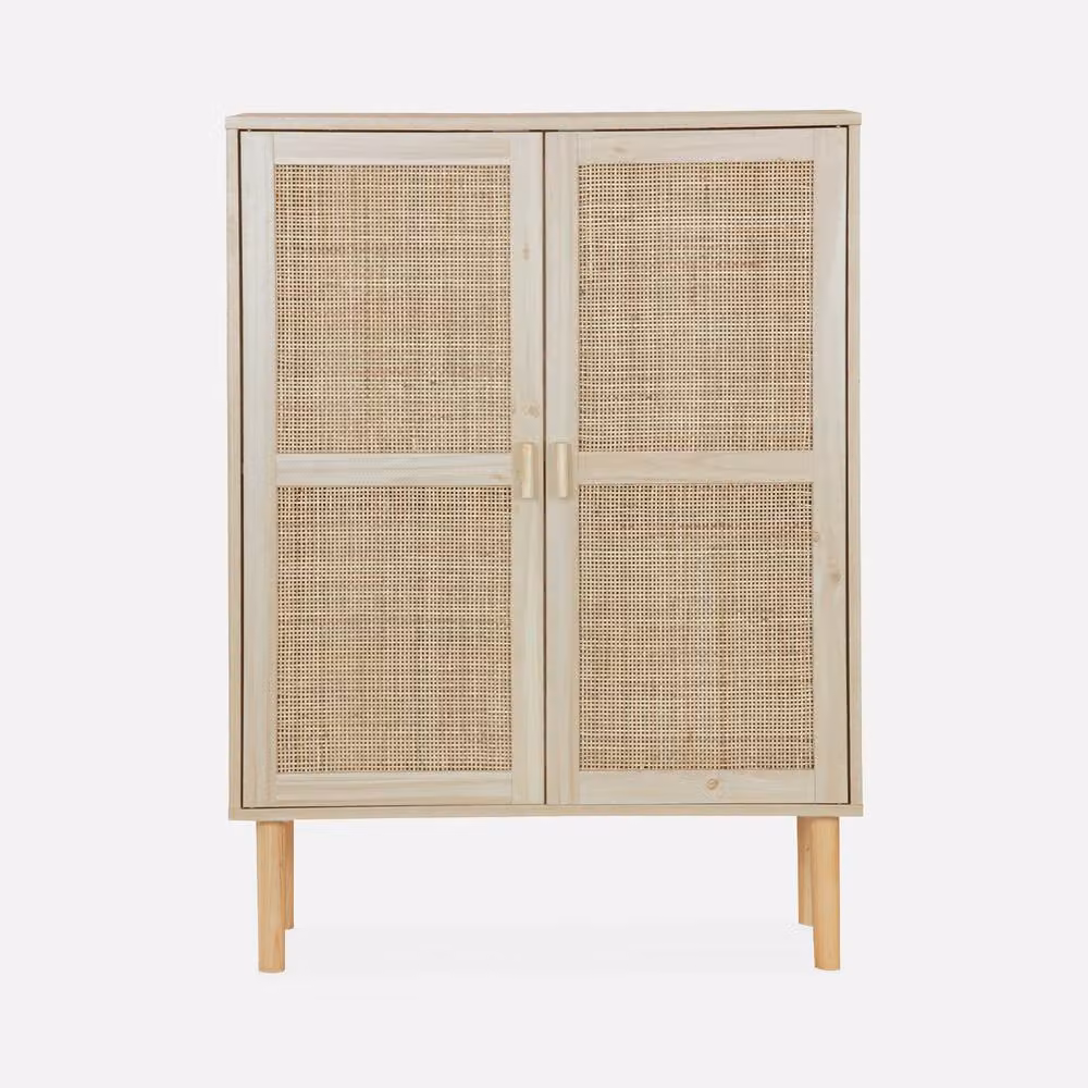 Sweekeek Vintage Woven Rattan and Wood Storage Cabinet in Light Brown and Beige – 2