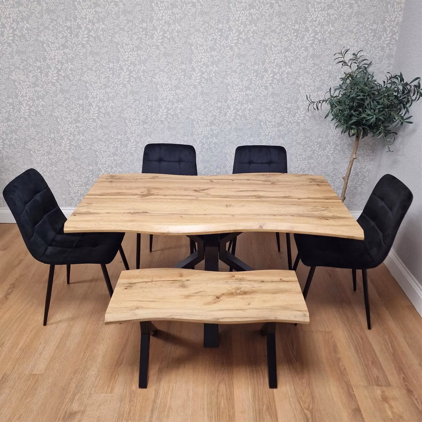 KOSY KOALA Wooden Dining Set with Rectangular Table, Bench and 4 Black Velvet Chairs in Brown – 2