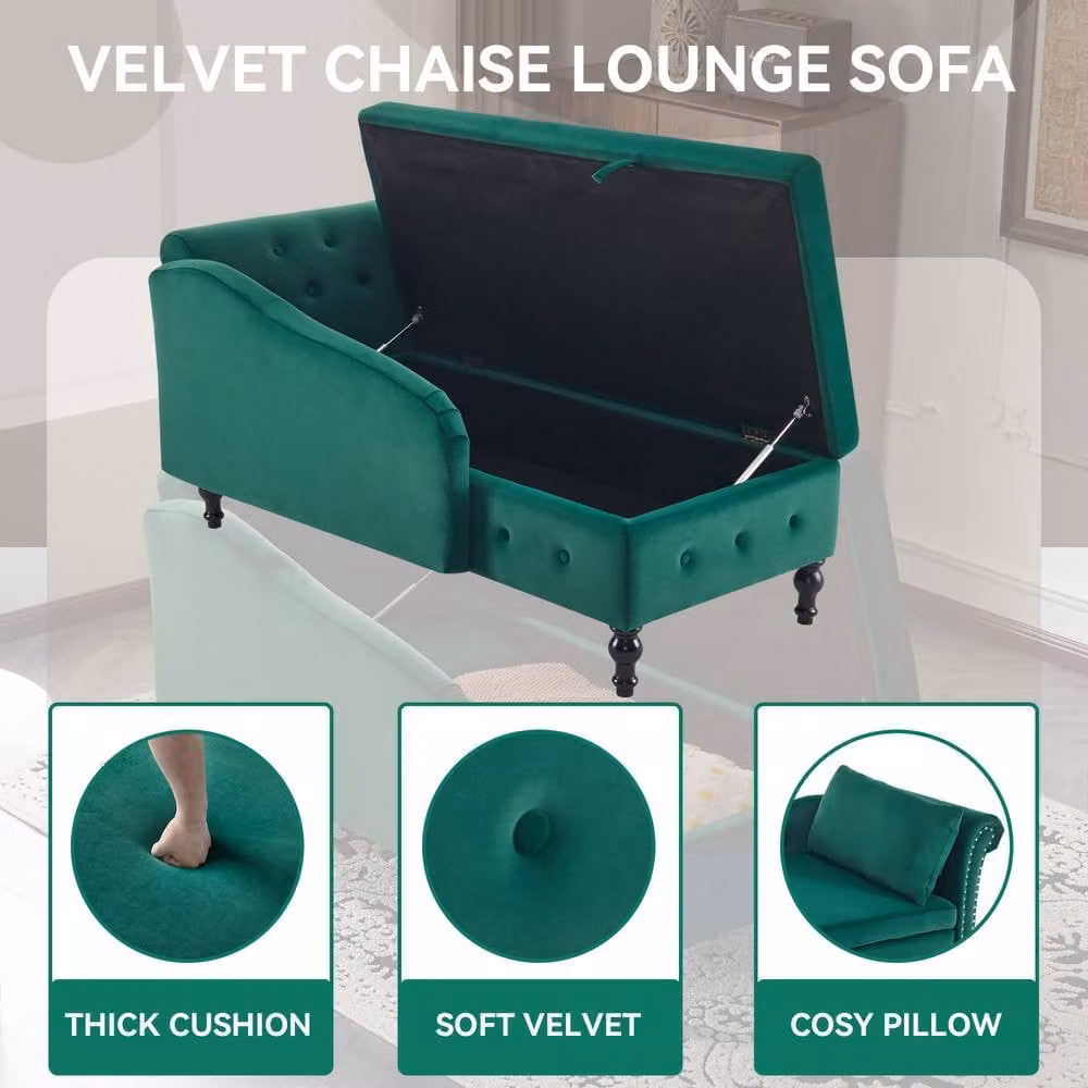 Merax Green Velvet Right Arm Chaise Longue Sofa with Storage and Scatter Cushions – 4