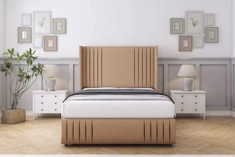 Sloomy Camden Dumfries Double Divan Set with Wingback Headboard and Footboard in Light Brown, W/D/H: 140 x 200 cm