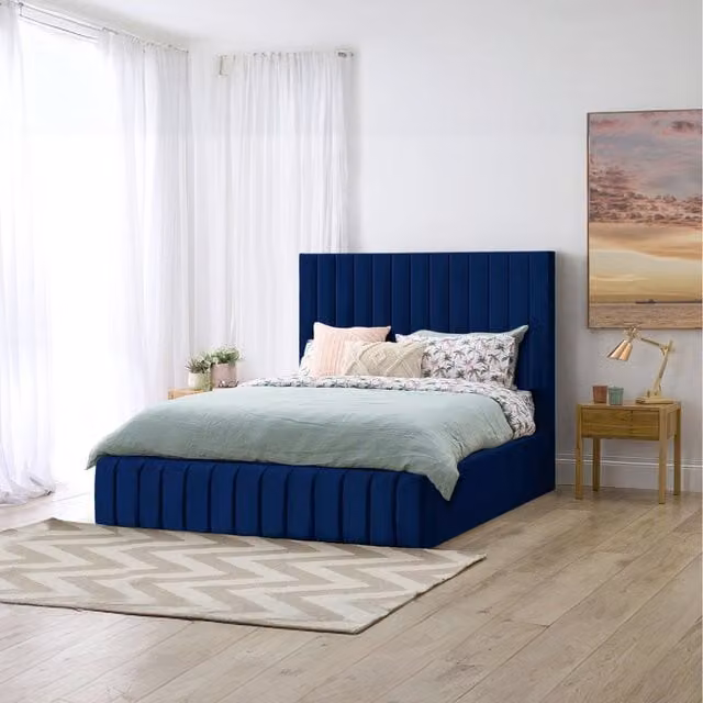 Desire Deco Emiliya Blue Velvet Upholstered Storage Bed, W: 140 cm, L: 200 cm