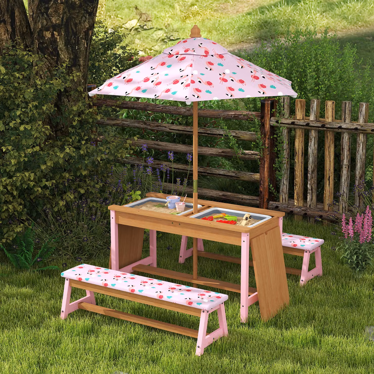 AIYAPLAY Kids Picnic Table and Benches Set with Flamingo Theme, Pink Treated Hardwood – 2