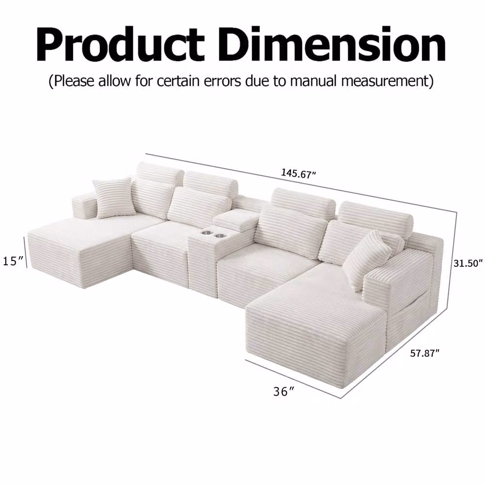 Merax 370cm U-Shape Modular Corner Sofa with Chaise and Cup Holders in Off-White – 2