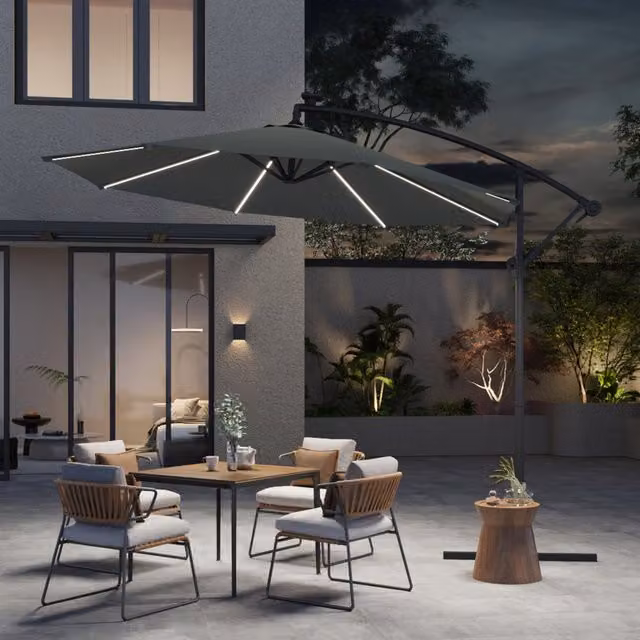 Breeins Cantilever Parasol with Cross Base and Lights in Dark Grey