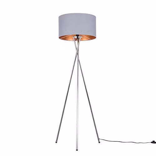 ValueLights Camden Modern Chrome Metal Tripod Floor Lamp with Grey and Copper Cylinder Fabric Shade and LED Bulb