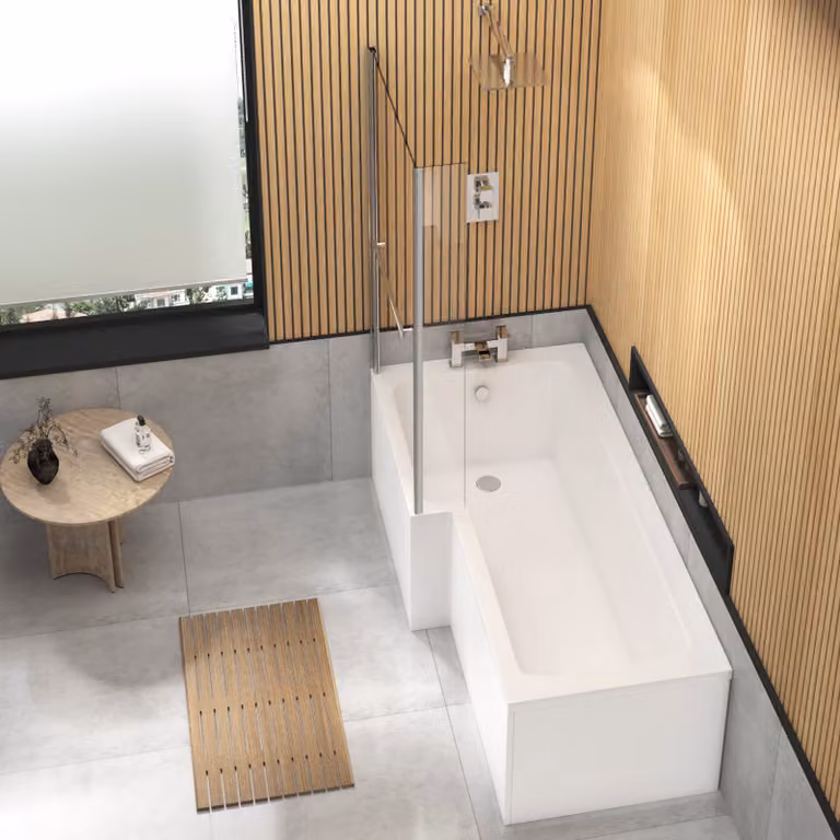Qubix White Acrylic L Shaped Corner Shower Bath with Fixed Screen W/D/H: 150 x 85 x 3 cm