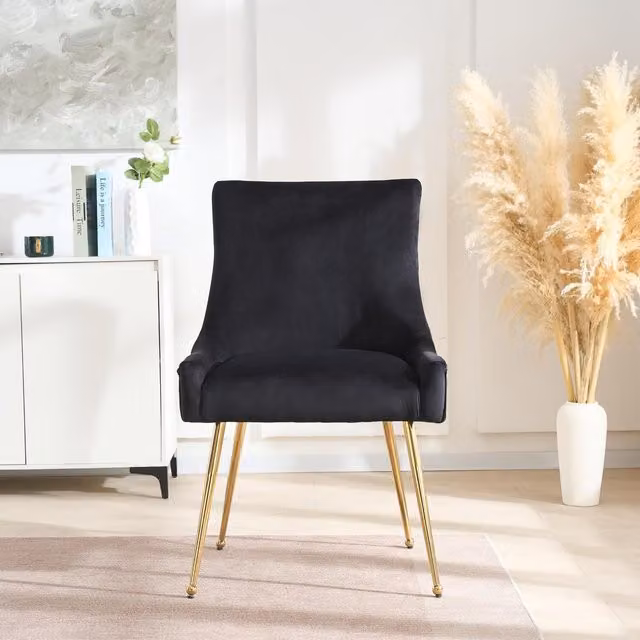 Life Interiors Viviana Velvet Dining Chairs with Gold Legs and Ring Handle, Set of 2, Black