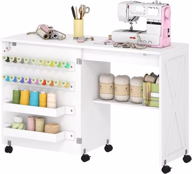 HOMCOM Folding Sewing and Craft Table with Storage Compartments and Castors, White – 1