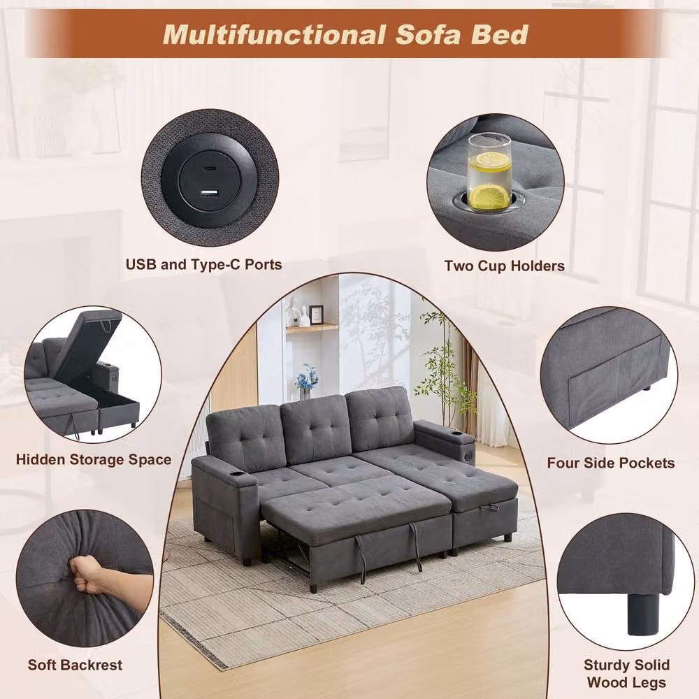 Tokpiedi 3-Seater L-Shaped Corner Sofa Bed with LED Lighting and Storage in Dark Grey Fabric – 3
