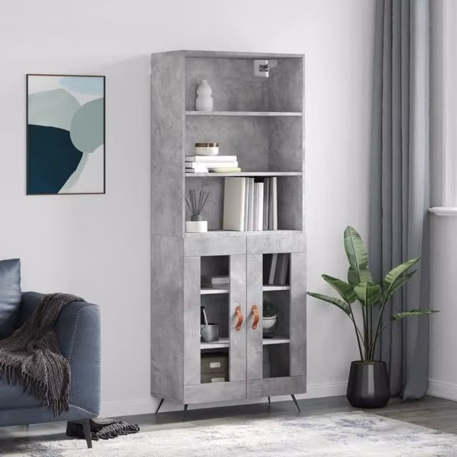 Berkfield Home Highboard in Concrete Grey with Glass Doors, W: 69.5 cm, D: 34 cm, H: 180 cm – 1