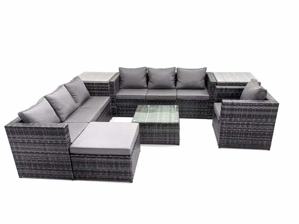 Fimous 8-Seater Patio Coffee Table Sofa Set with 2 Side Tables and Big Stool in Dark Grey – 2