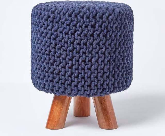 Homescapes Tall Navy Blue Cotton Knitted Footstool with Wood Frame – 1