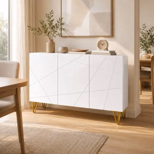 STILVORA Modern Glossy White Sideboard with Shelves and Gold Metal Legs