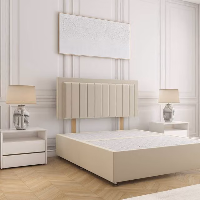 BSSPOKE Zarah Single Divan Bed Set with 24 inch Plush Velvet Headboard in Cream, W/D/H: 90 x 190 cm