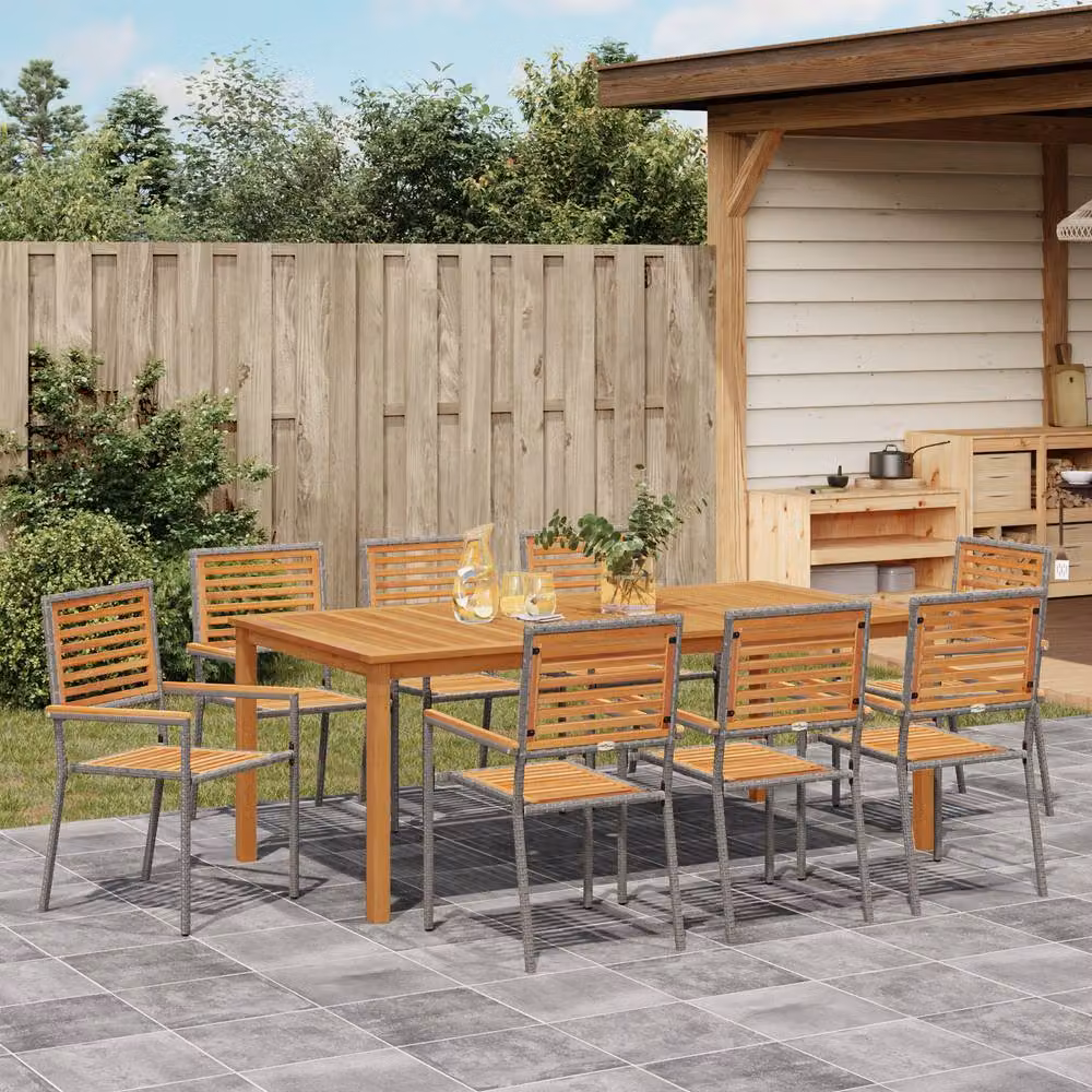 Berkfield Home 9 Piece Grey Poly Rattan and Acacia Wood Garden Dining Set – 2
