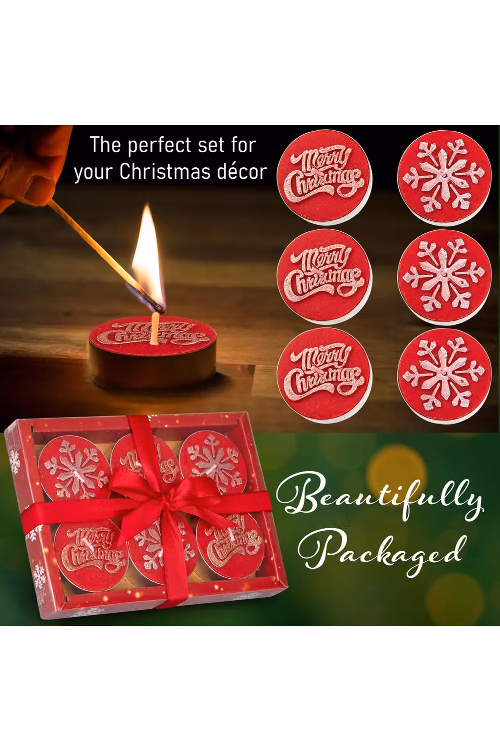 Deco Express Unscented Christmas Tealight Candle Set, Red, 6 Pack with 6 Hours Burning Time – 6