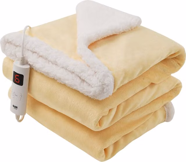 Glamhaus Electric Heated Reversible Fleece and Velvet Throw Blanket, Yellow, W/D: 160 x 130 cm