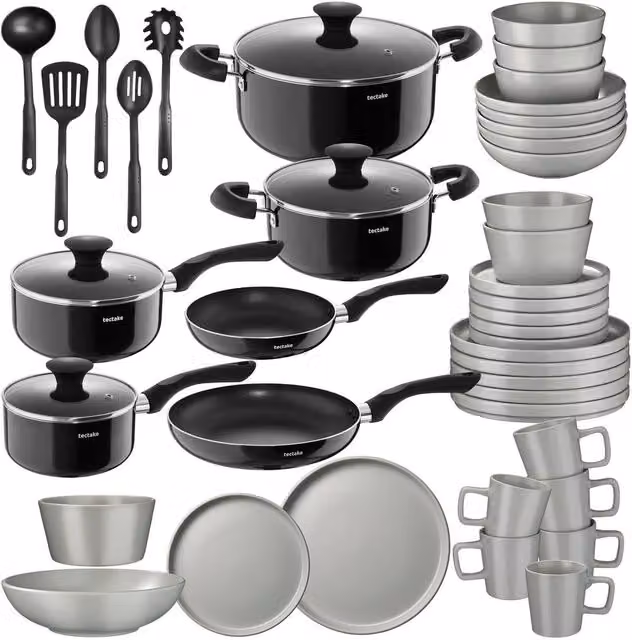 tectake Una & Varese 45 Piece Kitchen and Dinnerware Set in Grey and Black – 1